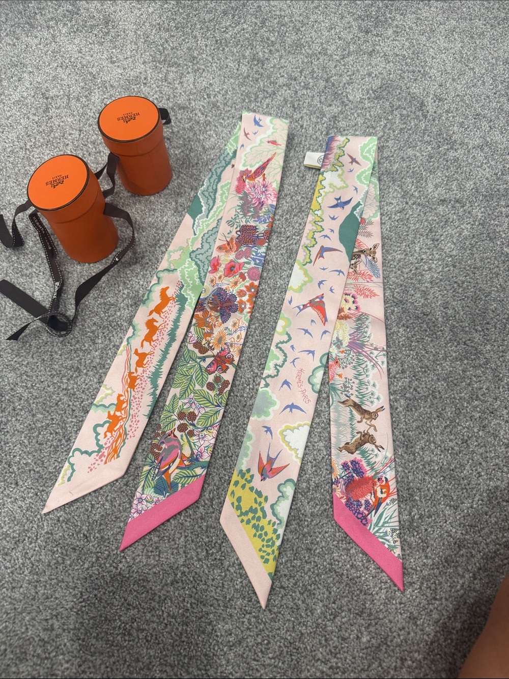 Hermès Pink Multicolor Silk Twilly Scarf - Floral & Bird Print